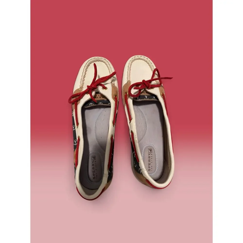 Sperry Top-Sider Angelfish Anchor Print Boat Shoes White/Navy/Red size 8